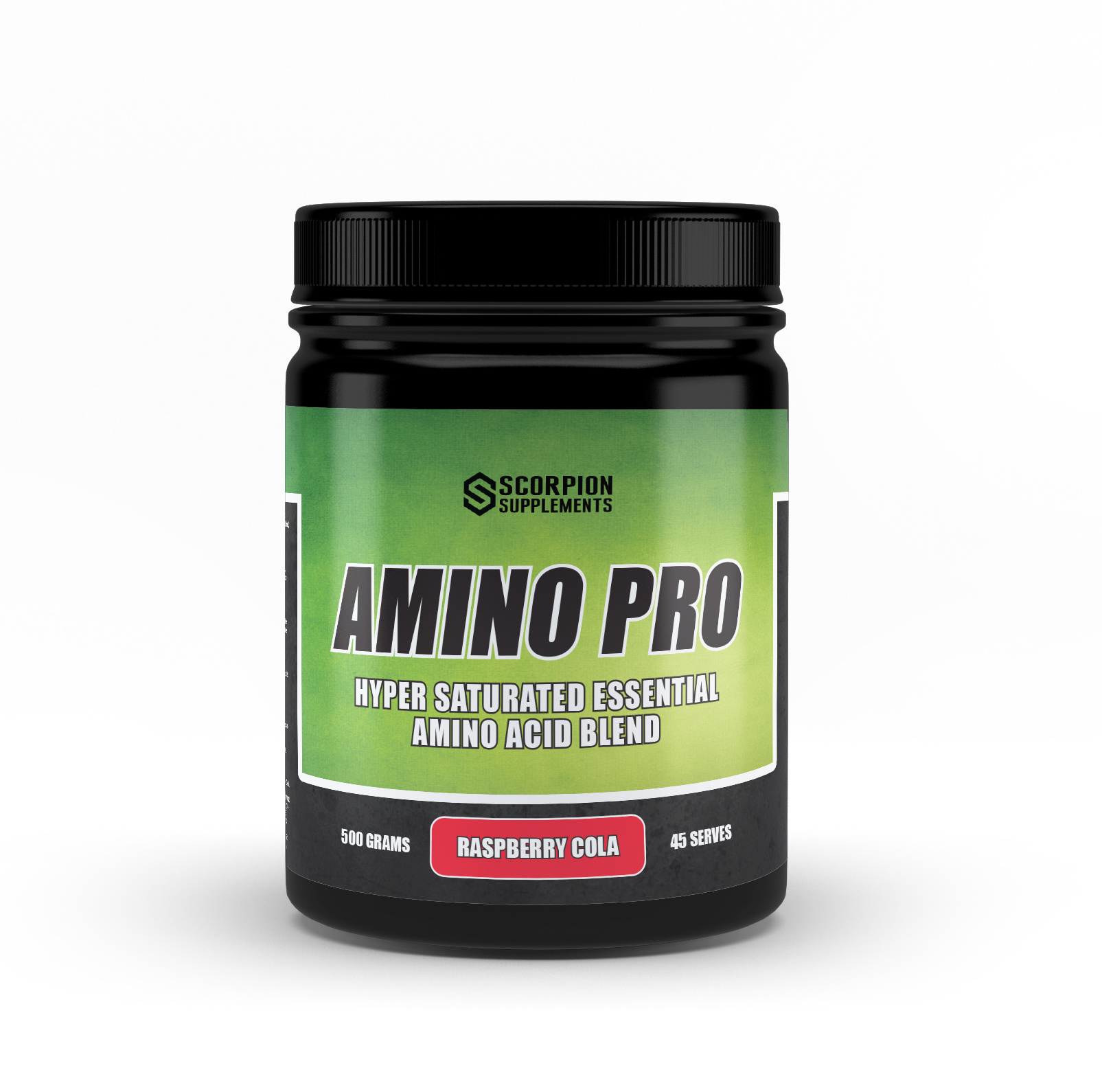 A container of SCORPION AMINO PRO essential amino acid supplement in raspberry cola flavor.